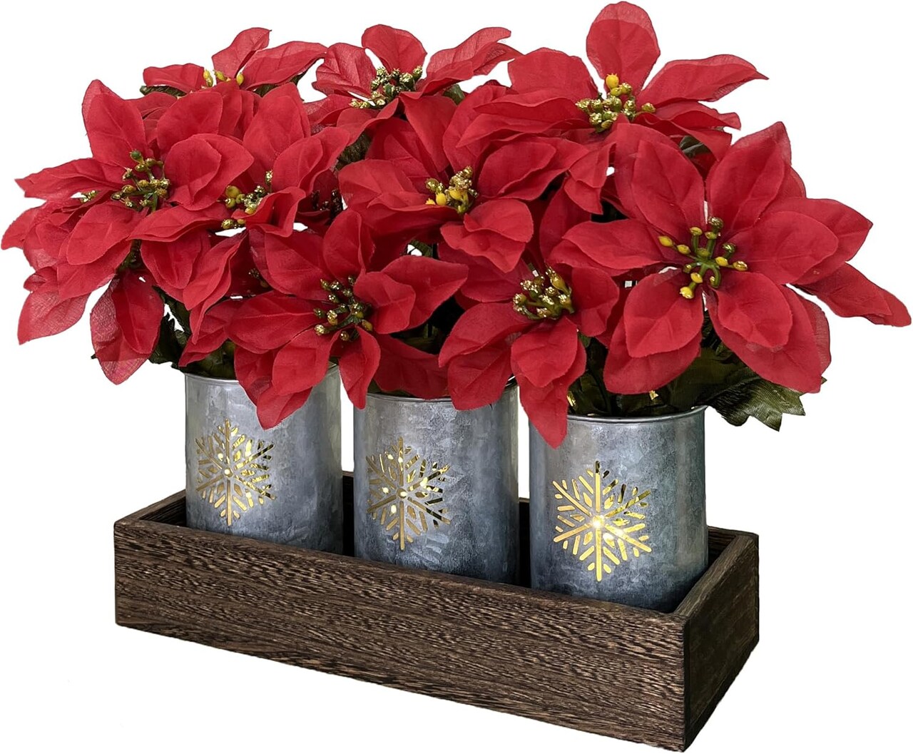 Artificial Christmas Poinsettias Flowers with LED Lights in Pots and Wood Box